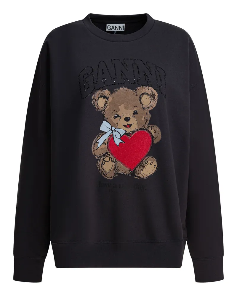 Ganni Bear“ verziertes Rundhals-Sweatshirt Black