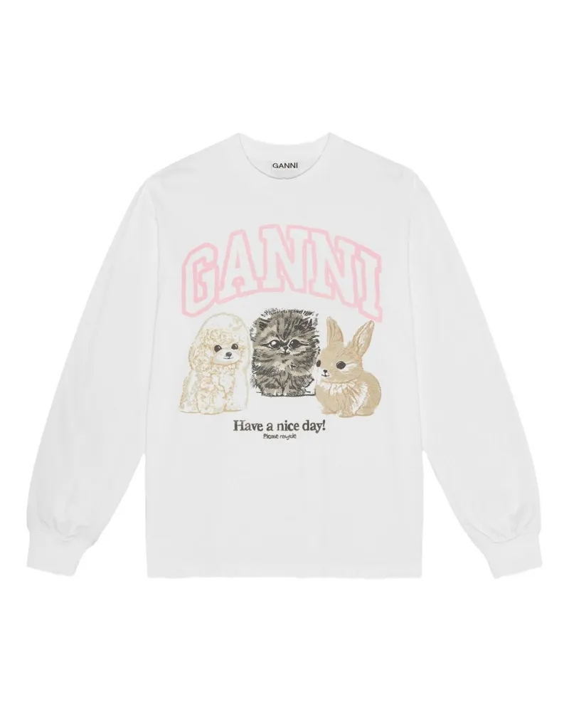 Ganni Tiere Baumwoll -Crewneck -Pullover White
