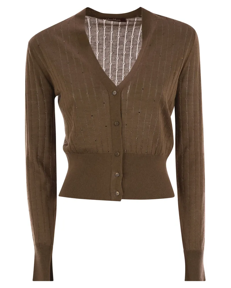 Max Mara Nogara Wolle und Seiden -Strickjacke mit Pailletten Camel