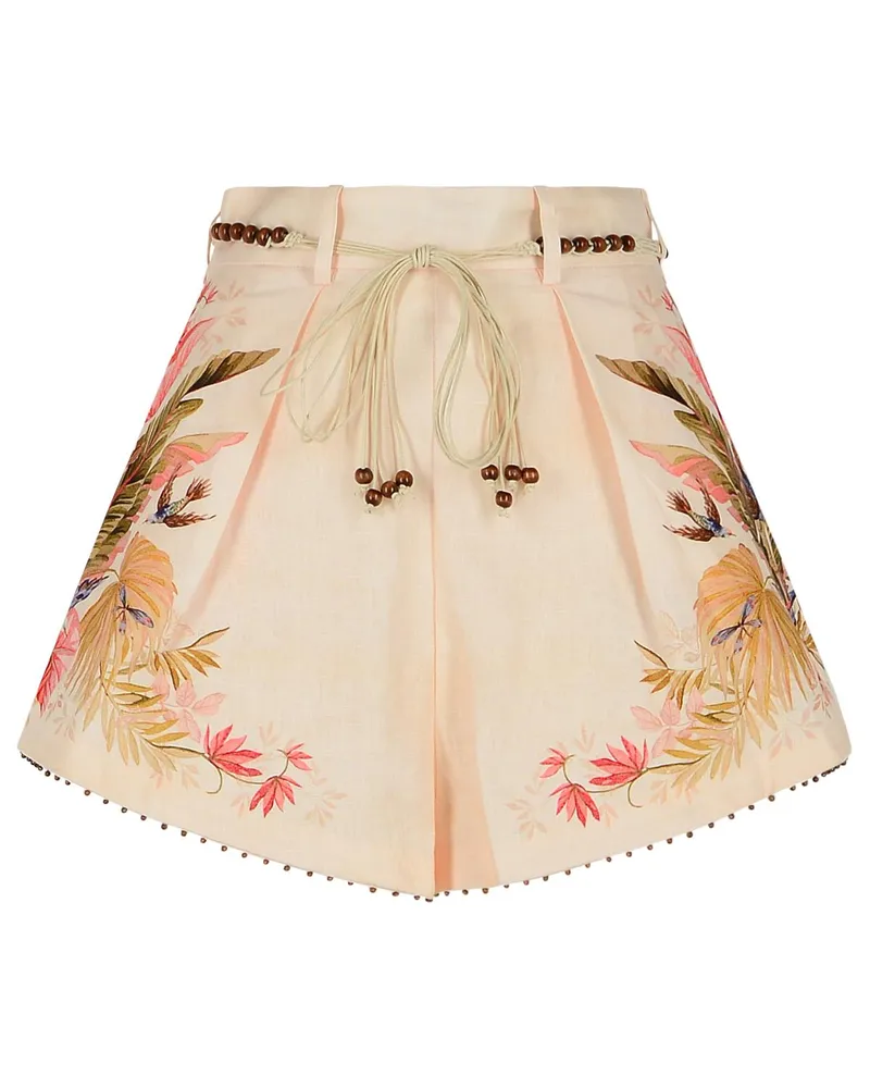 Zimmermann Tuck' Leinenfalten -Shorts in 'Creme Palm Floral' Farbe Cream
