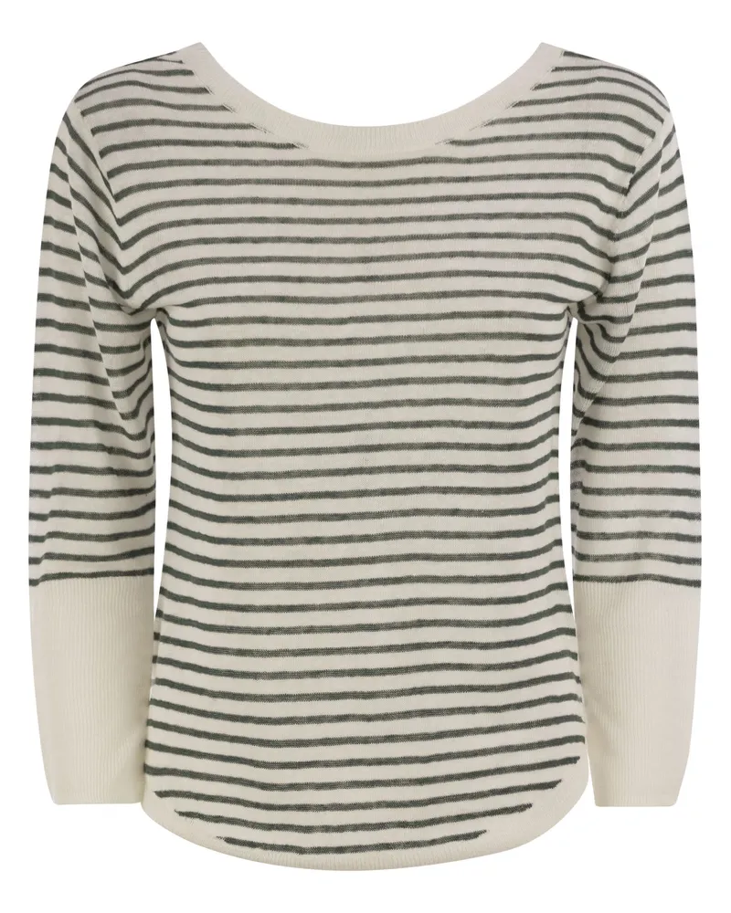 Majestic Majestätte gestreiftes Leinenboot Hals T -Shirt Sage