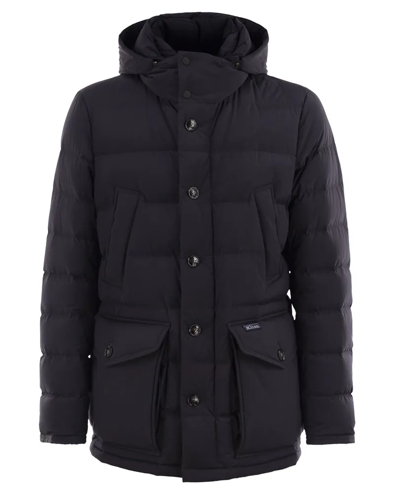 Kiton Long Down Jacke mit Kapuze Navy