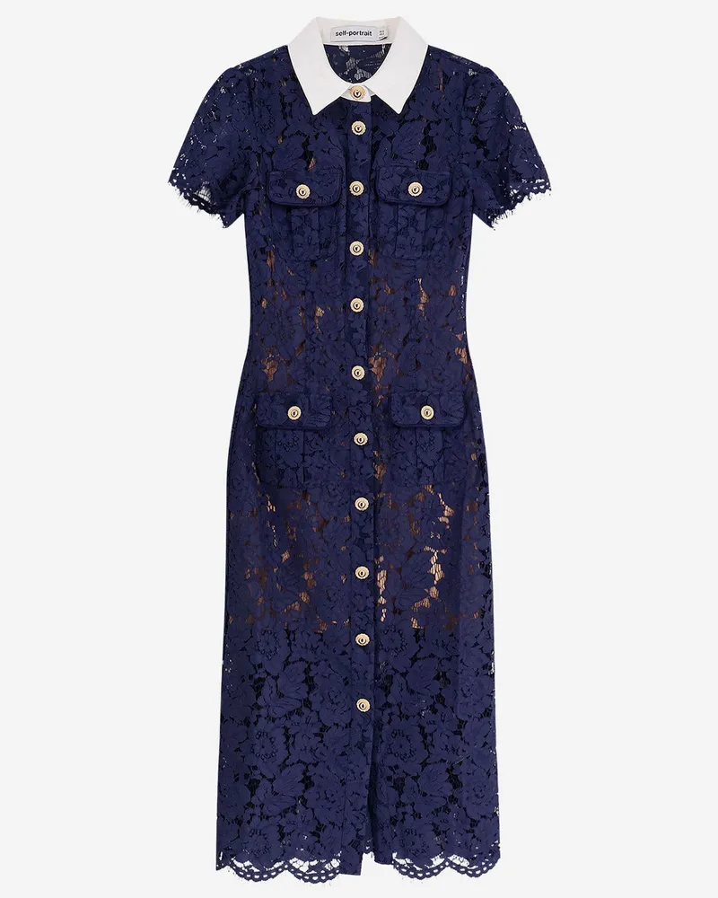 Self-Portrait Selbstporträt Midi Kleid mit kontrastierendem Spitzenkragen Blue