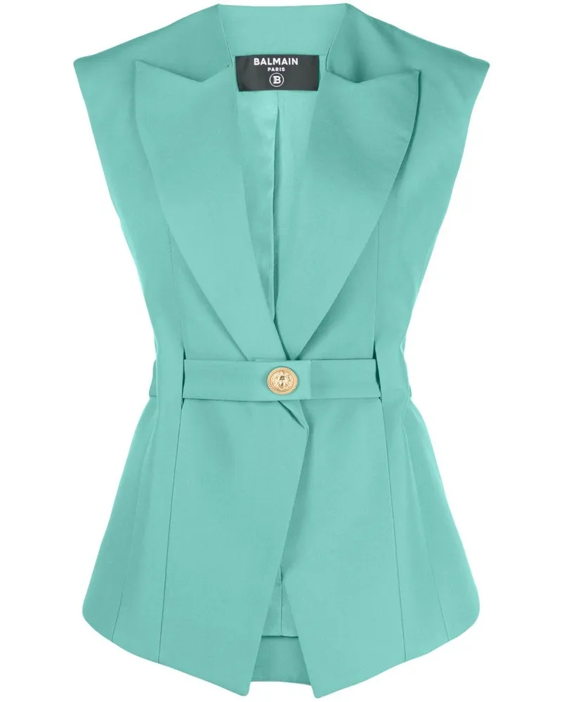 Balmain ärmelloses Wolljacke mit Gürtel Green