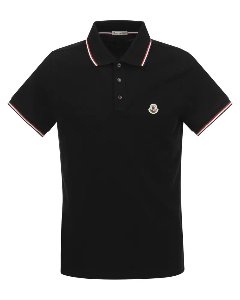 Moncler Cotton Pique Polo -Hemd mit Trikolorverkleidung Black