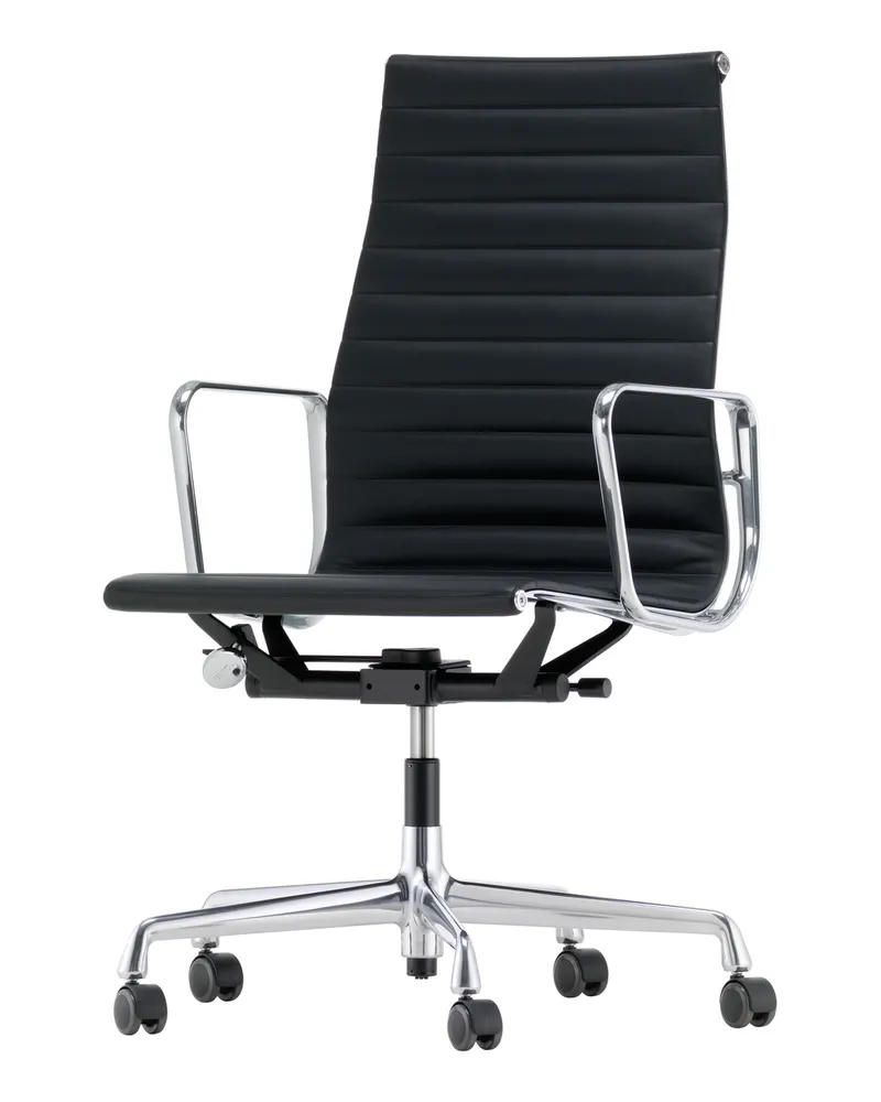 Vitra Sessel mit Rollen Eames Aluminium - Schwarz - Rindsleder - Designer Charles & Ray Eames 