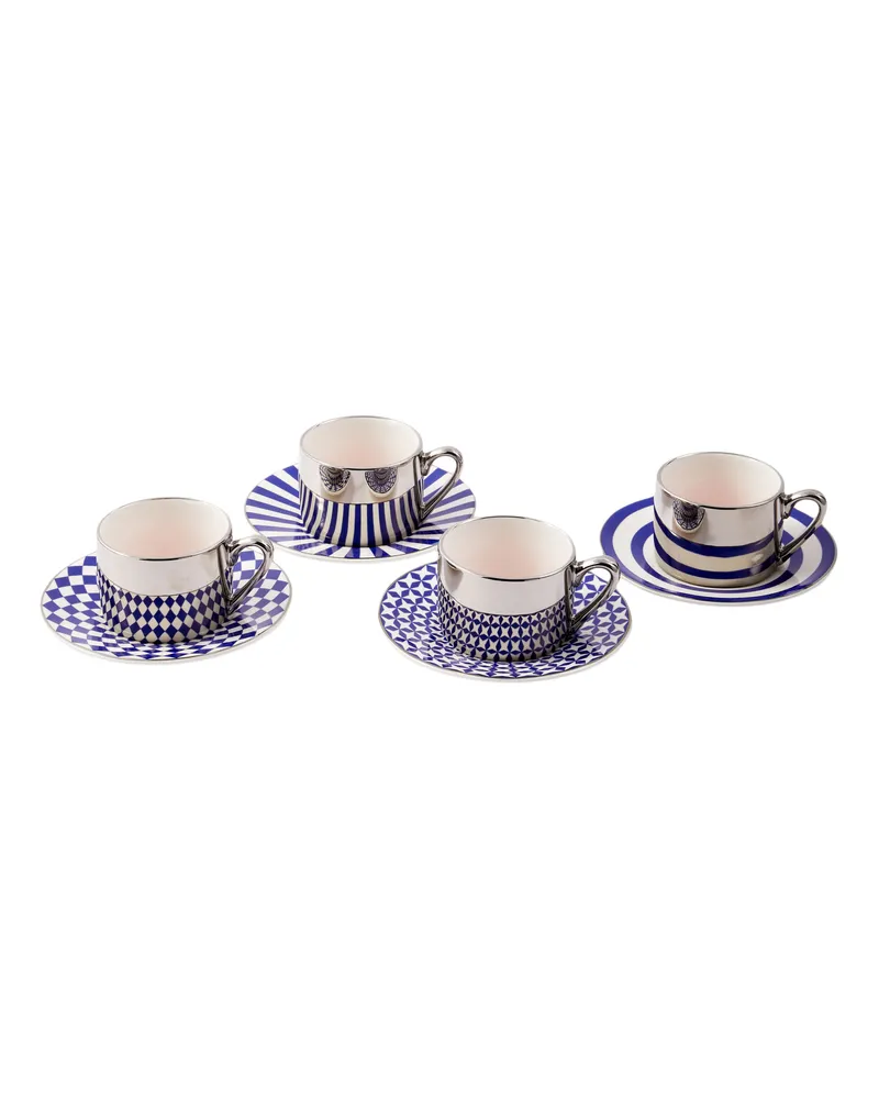 POLSPOTTEN Set aus 4 Tassen + 4 Untertassen - 90 ml Aunty - Blau - Porzellan 