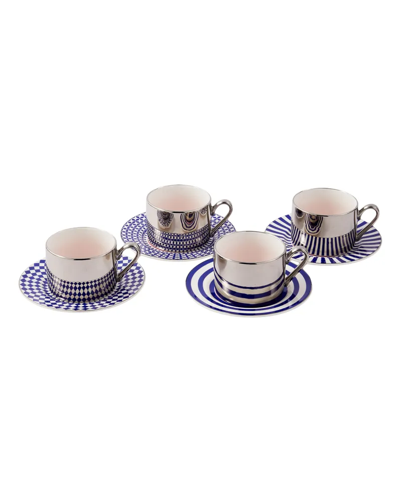 POLSPOTTEN Set aus 4 Tassen + 4 Untertassen - 200 ml Aunty - Blau - Porzellan 