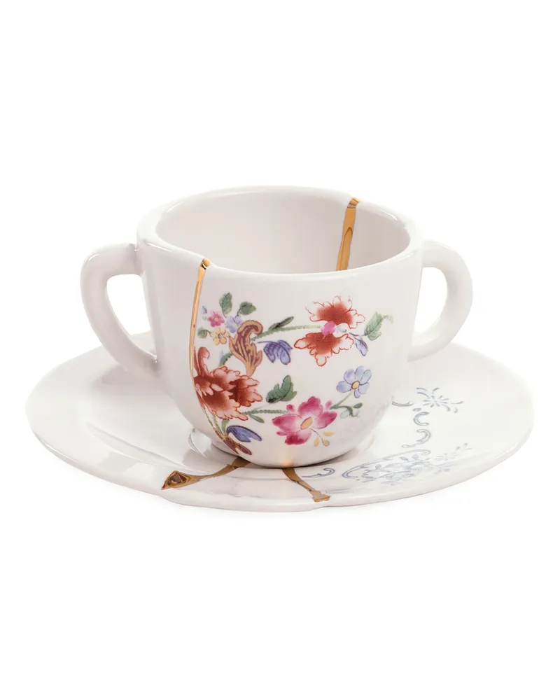 Seletti Set aus Kaffeetasse + Untertasse Kintsugi - Weiß - Gold - Designer Marcantonio 