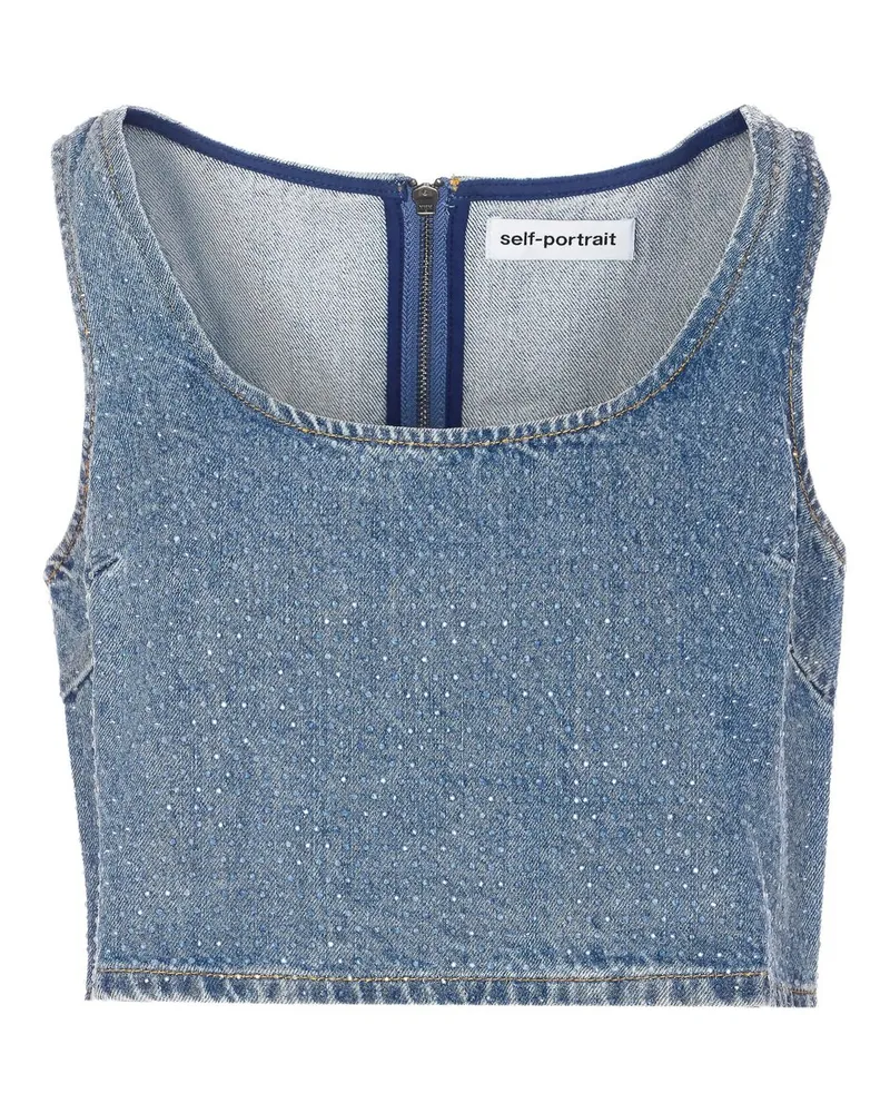 Self-Portrait Rhinestone Denim Crop Top Blau