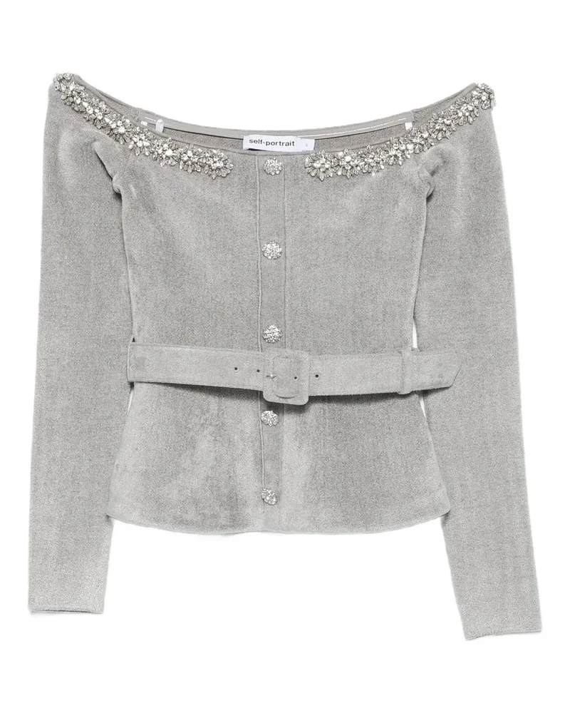 Self-Portrait Grey Chenille Knit Crystal Trim Top Grau