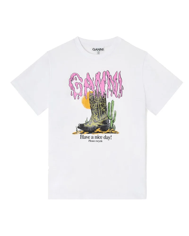 Ganni Basic Cotton Jersey T-shirt Boots Print Weiß