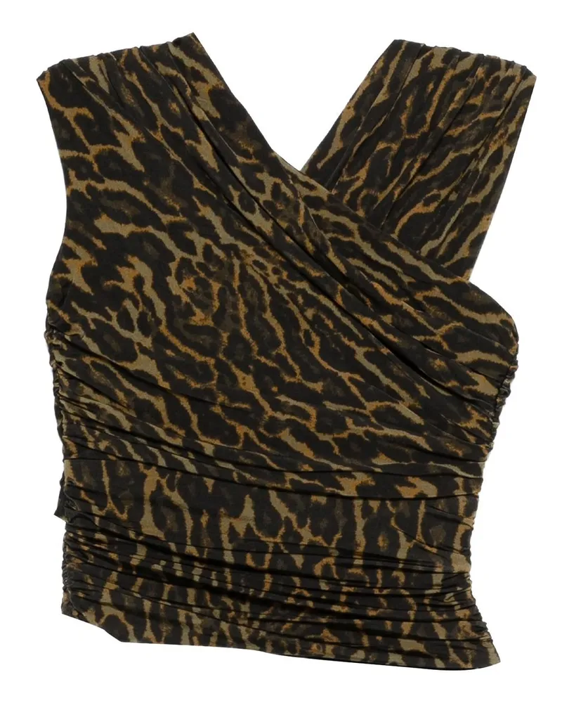 Ganni Printed Shiny Jersey Sleeveless Ruched Blouse Grün