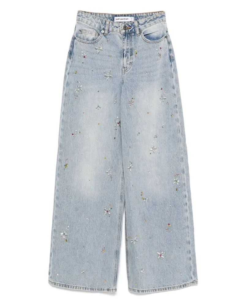 Self-Portrait Light Blue Embellished Wide Leg Jeans Blau