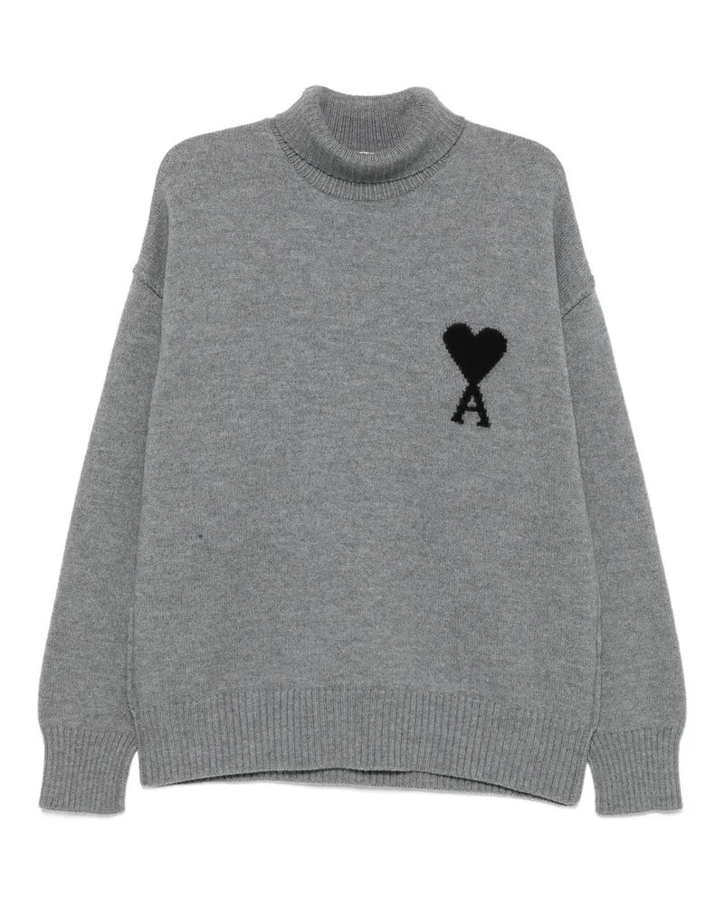AMI Paris Funnel Neck Sweater With Contrasted Ami de Coeur Grau