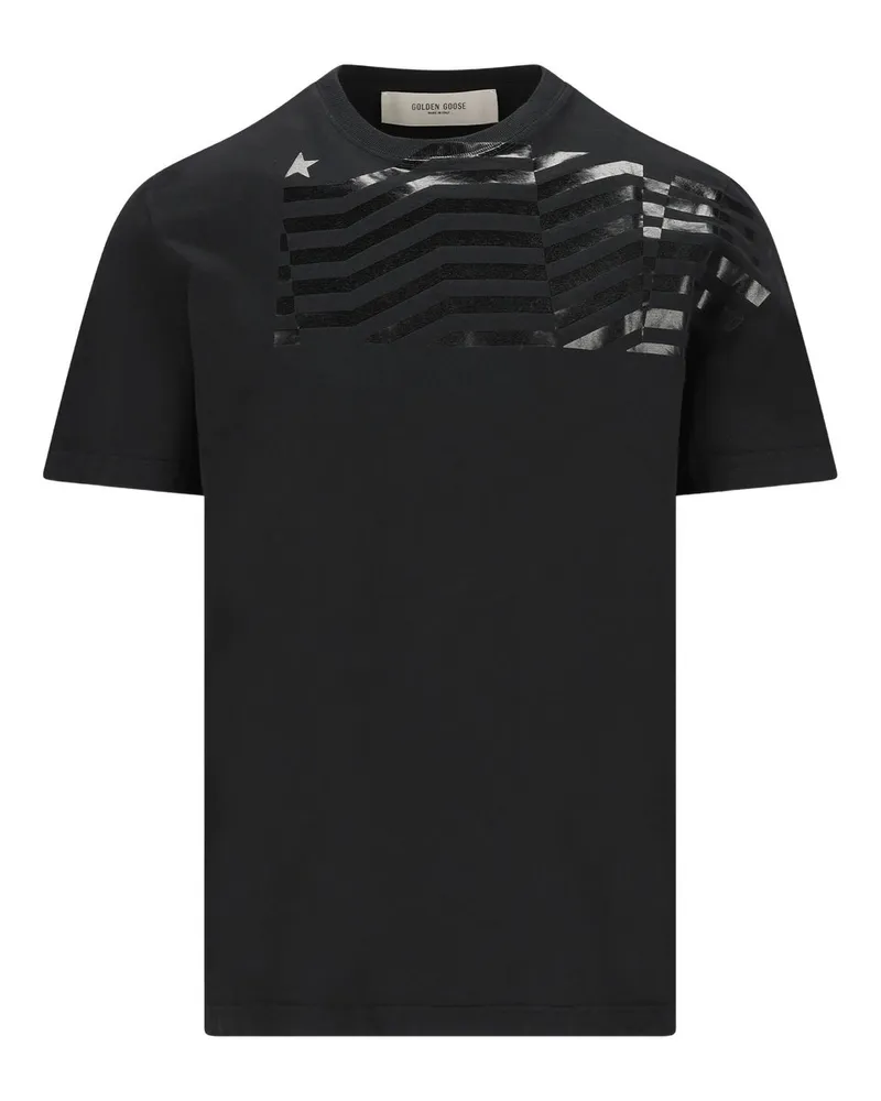Golden Goose Journey Unisex T-shirt Regular Dyed Gauze Cotton Jersey With Flag Print Schwarz