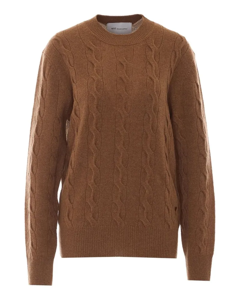 AMI Paris Crewneck Sweater With Tonal Ami de Coeur Braun