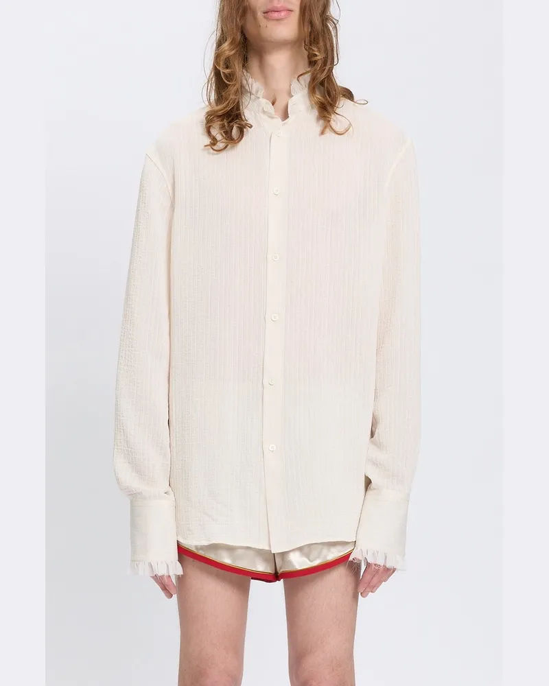 Ann Demeulemeester Flosi Stand Collar Standard Shirt With Silk Creponne Ruffles Weiß