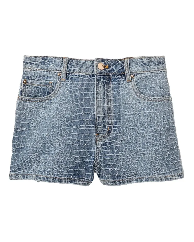 Self-Portrait Rhinestone Croc Effect Denim Shorts Blau