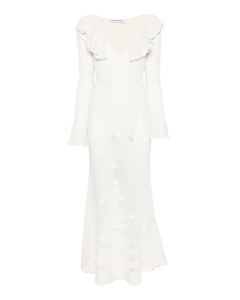 Self-Portrait White Floral Crochet Midi Dress Weiß