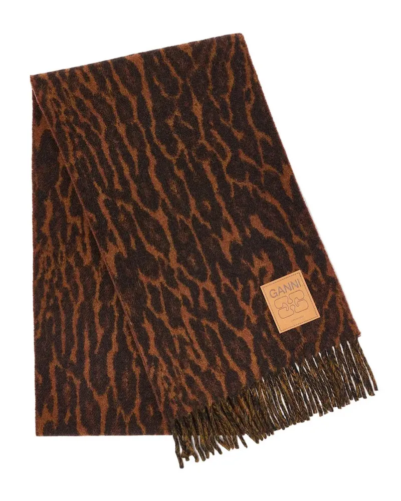 Ganni Compact Wool Scarf Leopard Braun