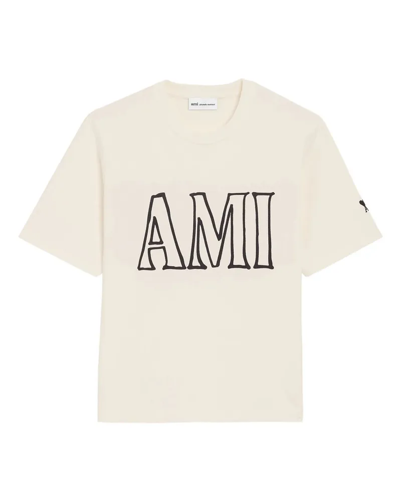 AMI Paris Boxy Fit Short Sleeves Teeshirt With  Print at Front And Back Beige