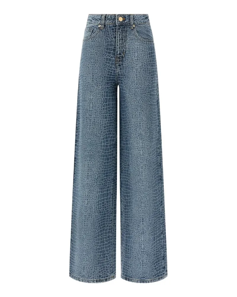 Self-Portrait Rhinestone Croc Effect Wide Leg Jeans Blau