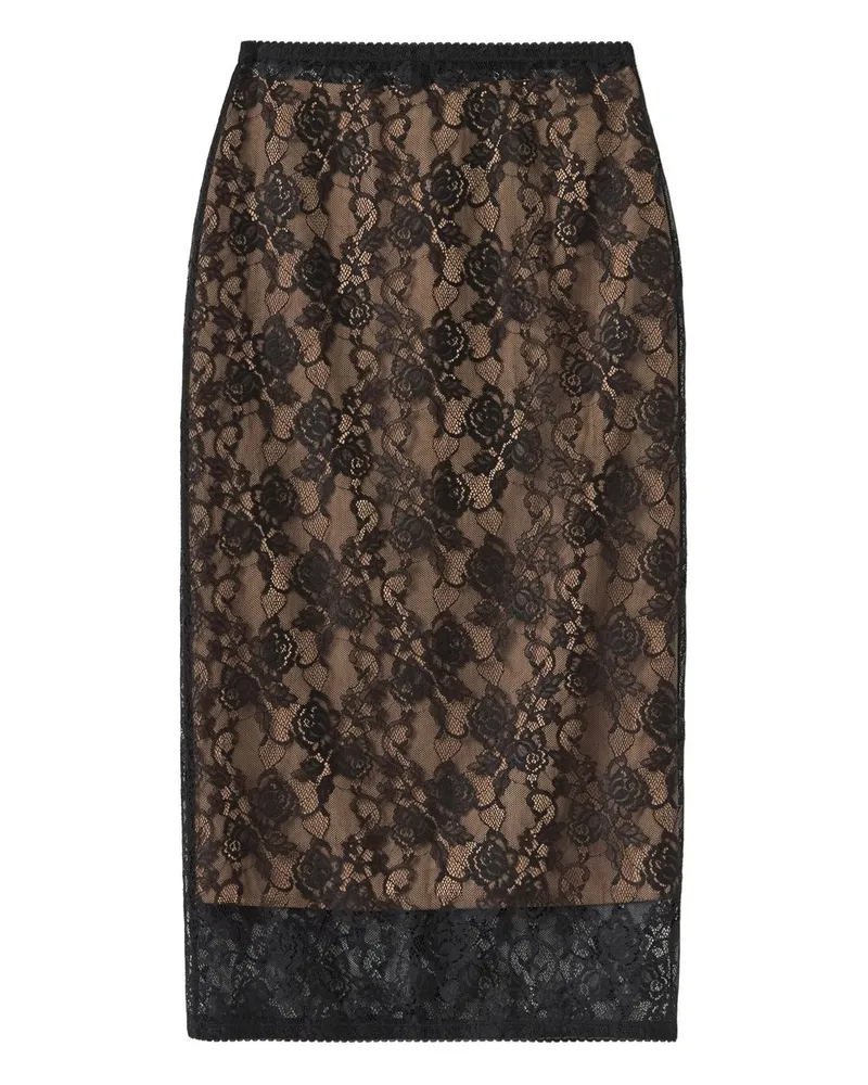 Self-Portrait Black Floral Lace Midi Skirt Schwarz