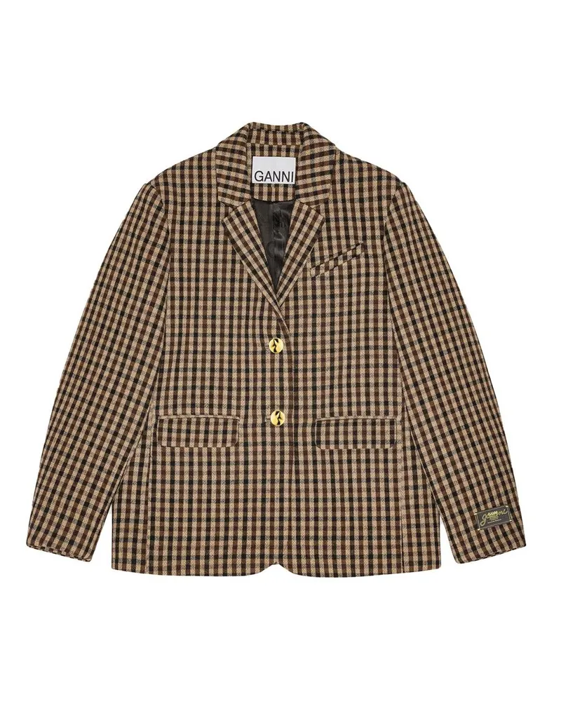 Ganni Check Wool Mix Oversized Blazer Braun