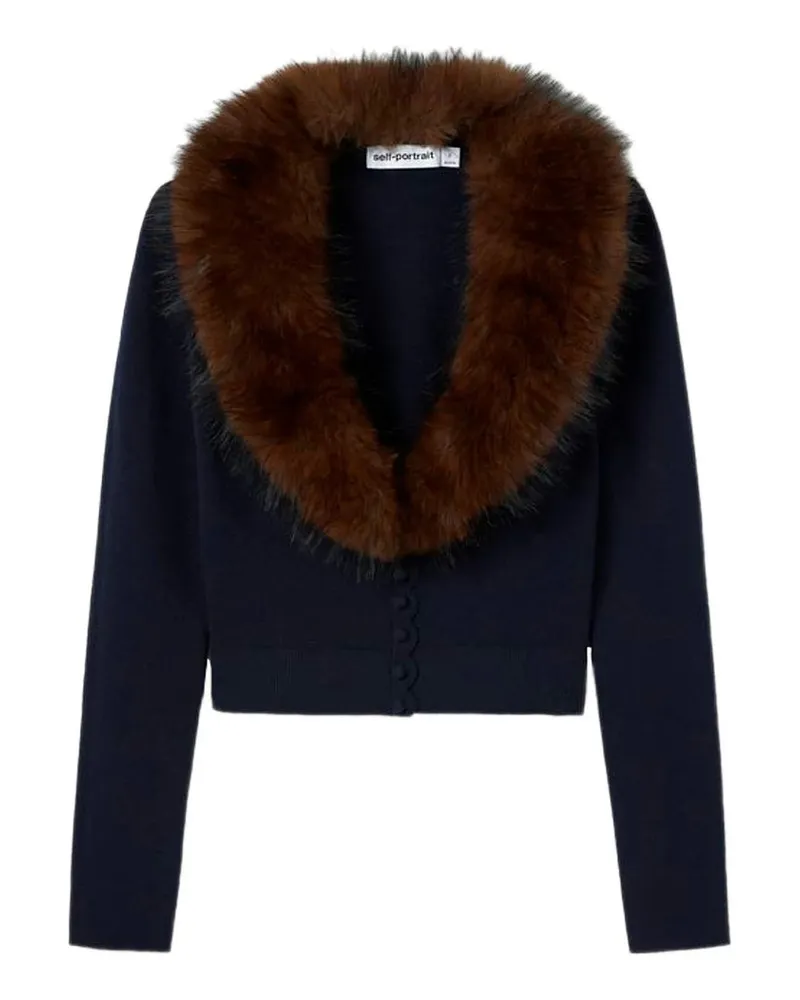 Self-Portrait Navy Faux Fur Knit Cardigan Blau