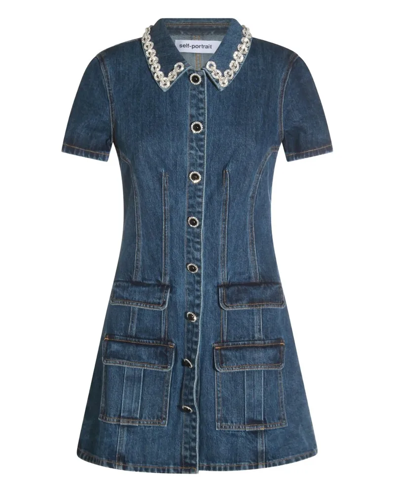 Self-Portrait Denim Crystal Trim Collared Mini Dress Blau