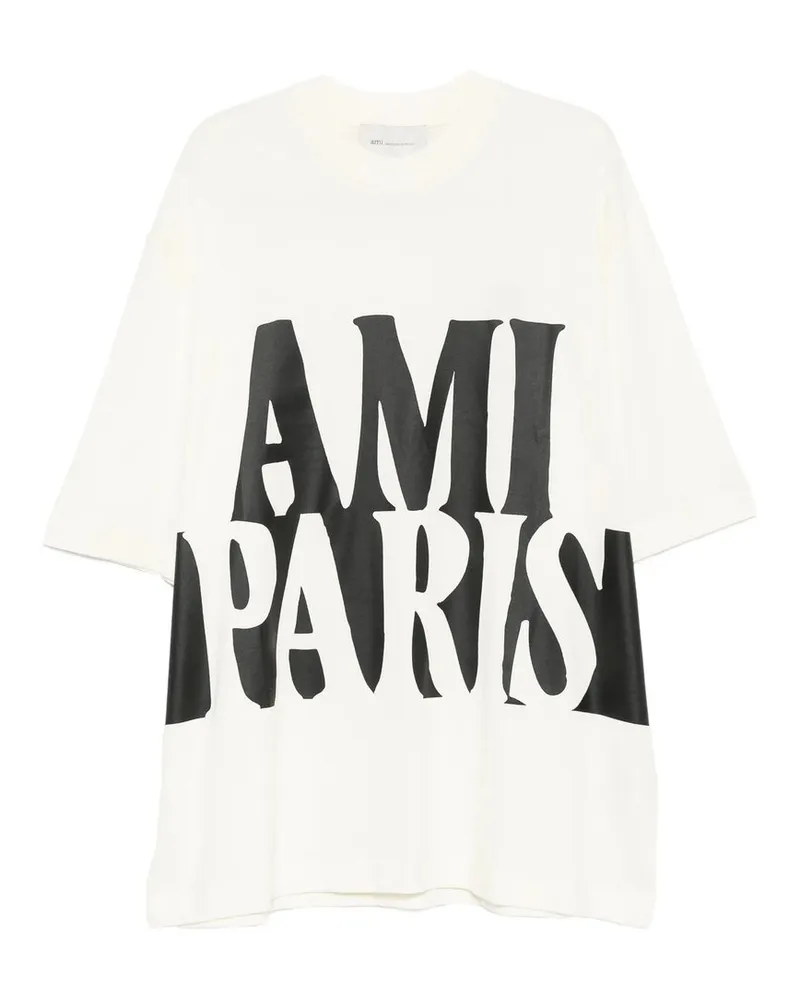 AMI Paris Oversize Fit Short Sleeves Teeshirt With  Print Beige