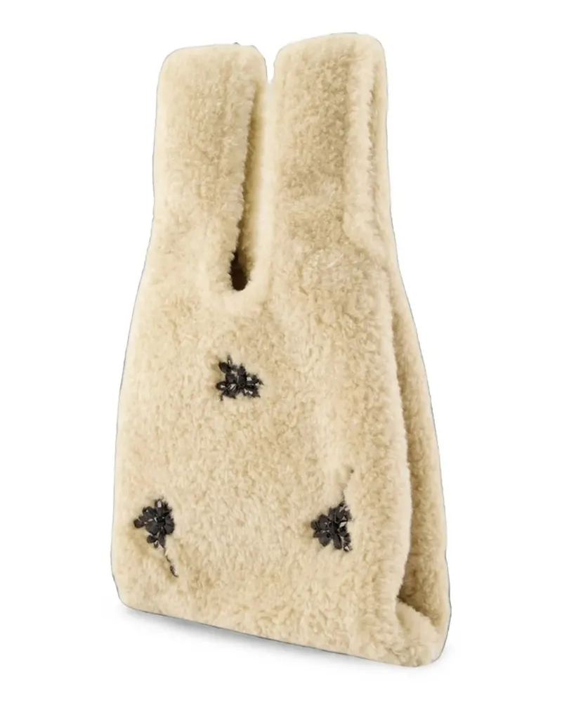 Simone Rocha Mini Faux Fur Shopper Bag w/ Emb Beige