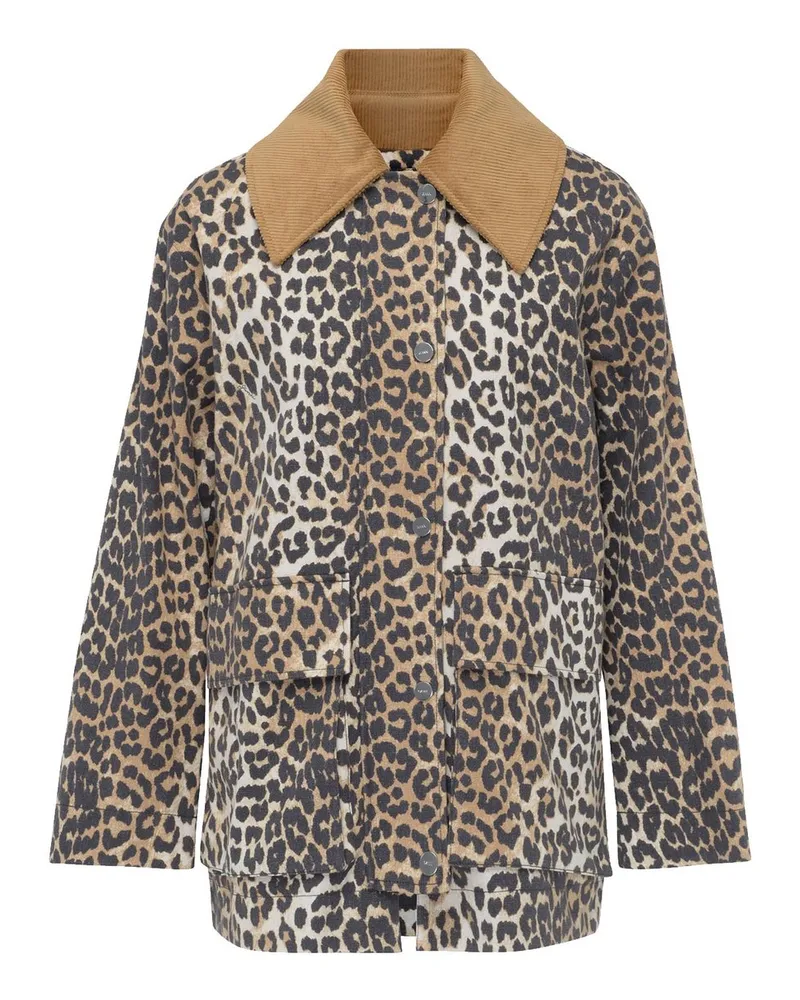 Ganni Printed Canvas Midi Jacket Marrone Beige