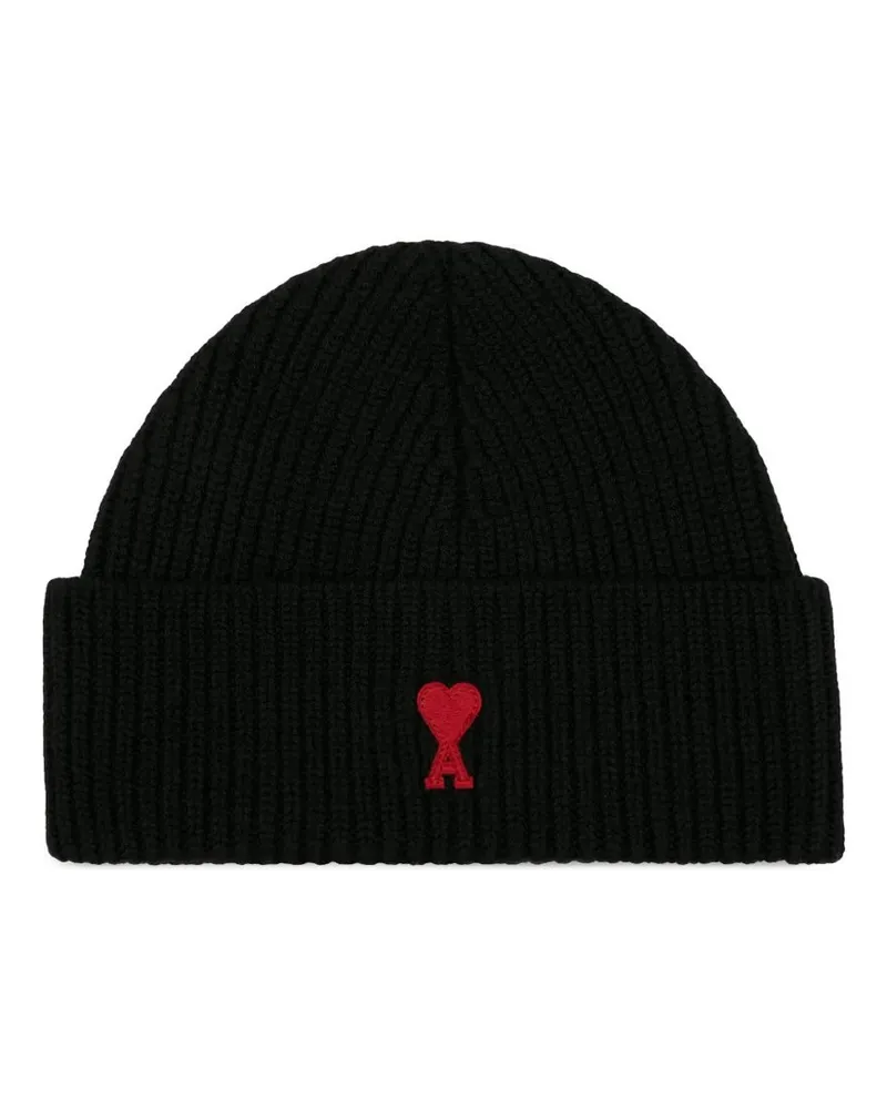 AMI Paris Beanie With Red Ami de Coeur Schwarz