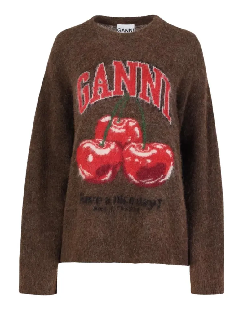 Ganni Brushed Alpaca Graphic Oversized Sweater Braun