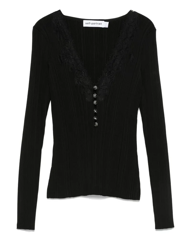 Self-Portrait Black Lace Trim Knit Top Schwarz