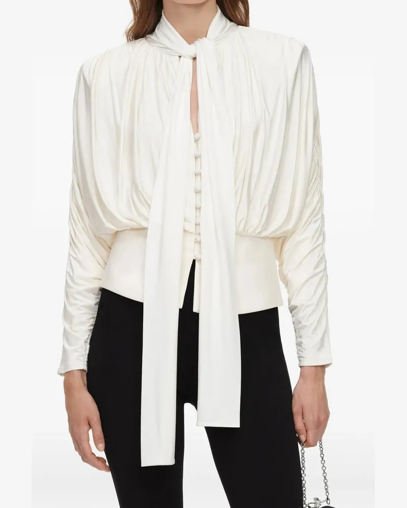 Self-Portrait Cream Tie Neck Jersey Top Beige