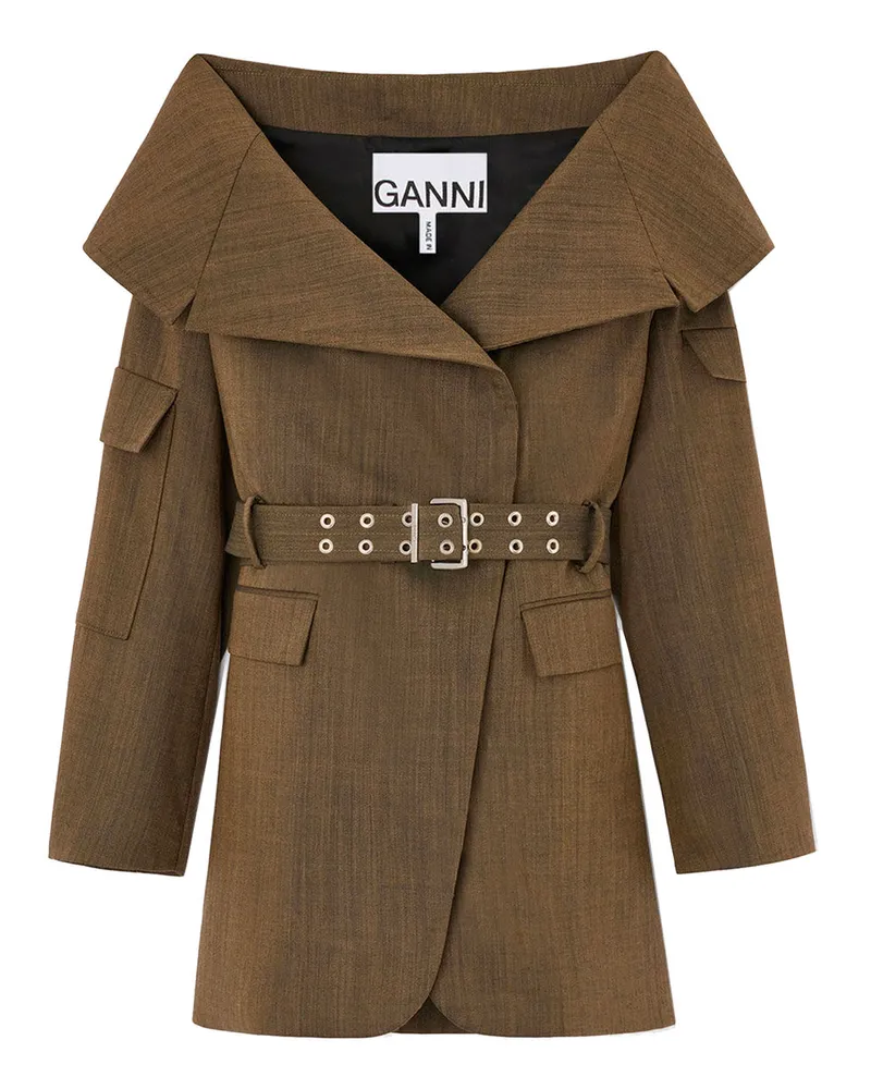 Ganni Light Wool Melange Open Collar Blazer Braun