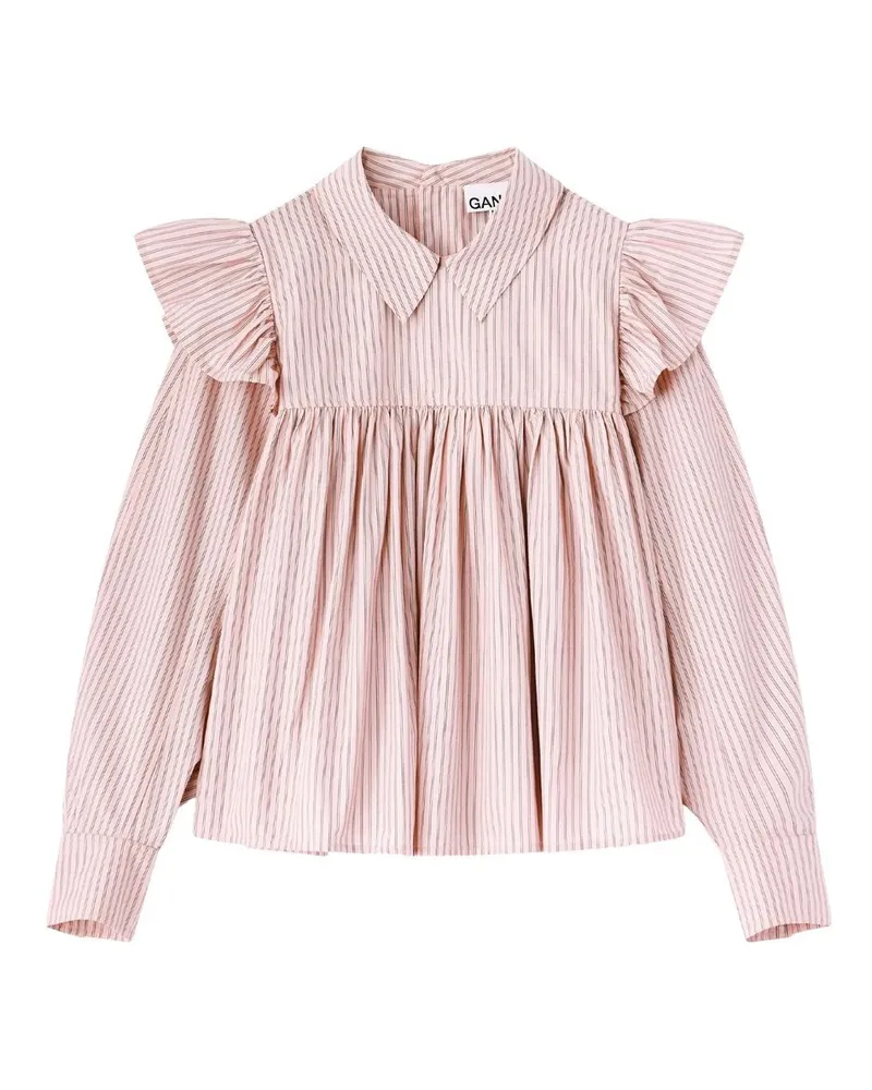 Ganni Oxford Stripe Frill Blouse Rose