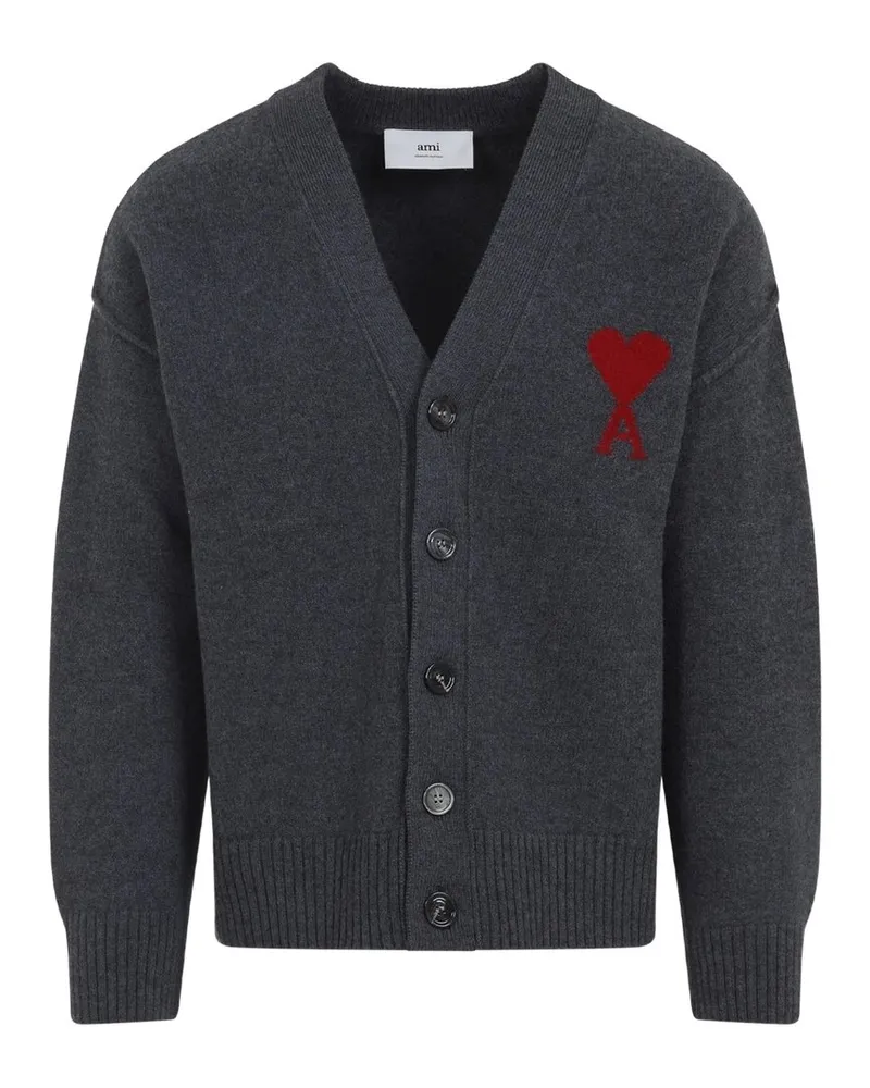 AMI Paris v Neck Cardigan With Contrasted Ami de Coeur Grau