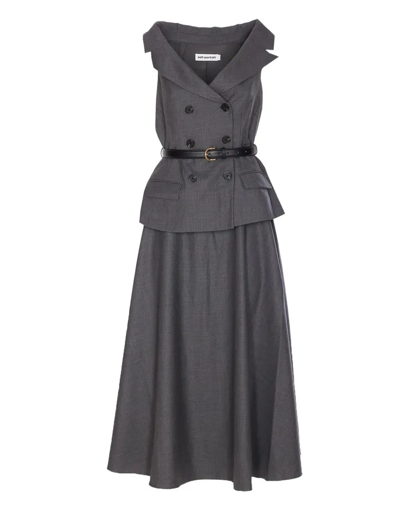 Self-Portrait Grey Wool Tailored Midi Dress Grau