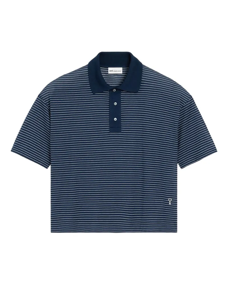 AMI Paris Striped Boxy Fit Polo With Ami de Coeur Patch Blau