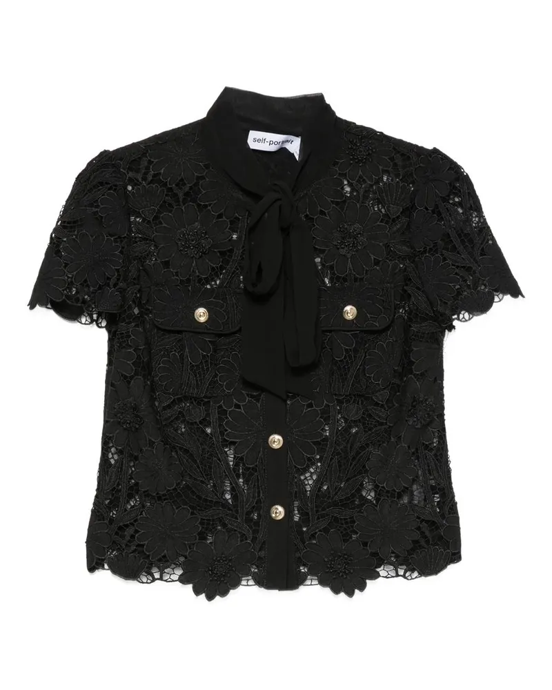 Self-Portrait Black Lace Tie Neck Top Schwarz