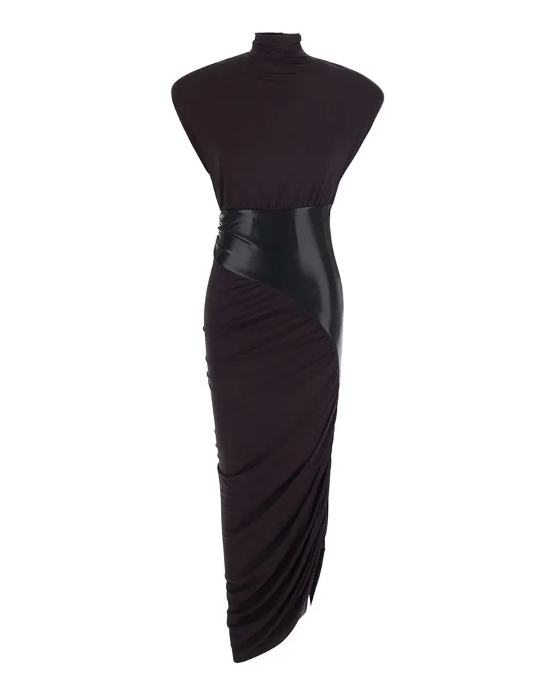 ANDAMANE Ursula - Vegan Leather Detailed Draped Midi Dress Schwarz