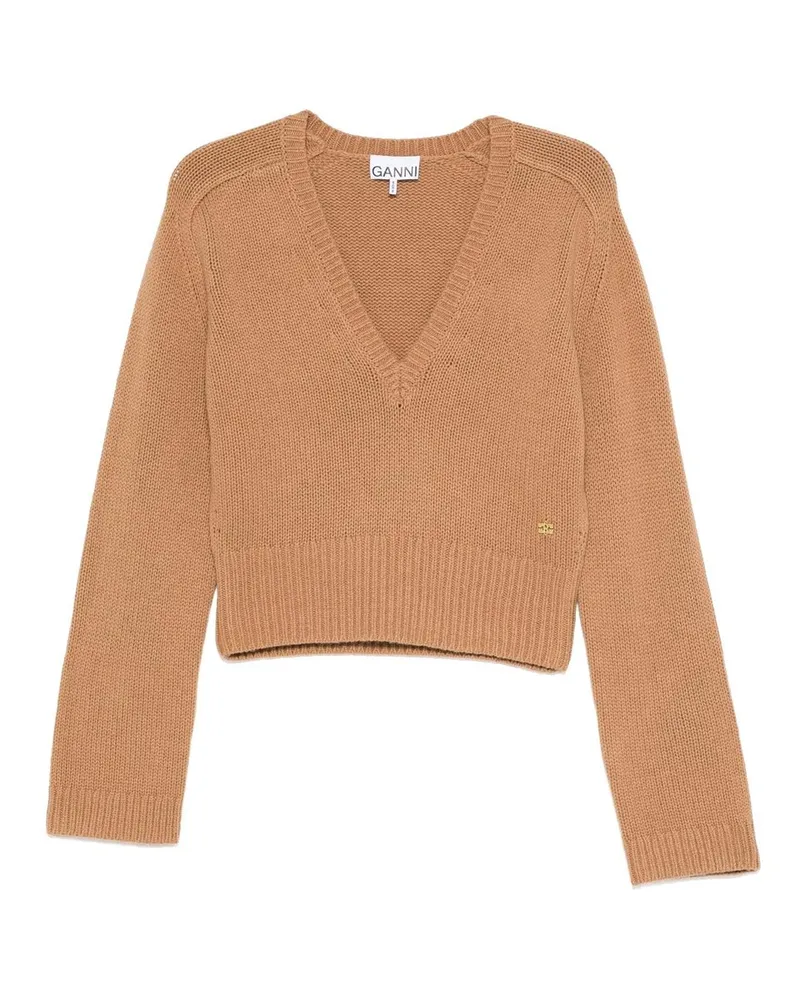 Ganni Wool Yak Mix Deep V-neck Braun