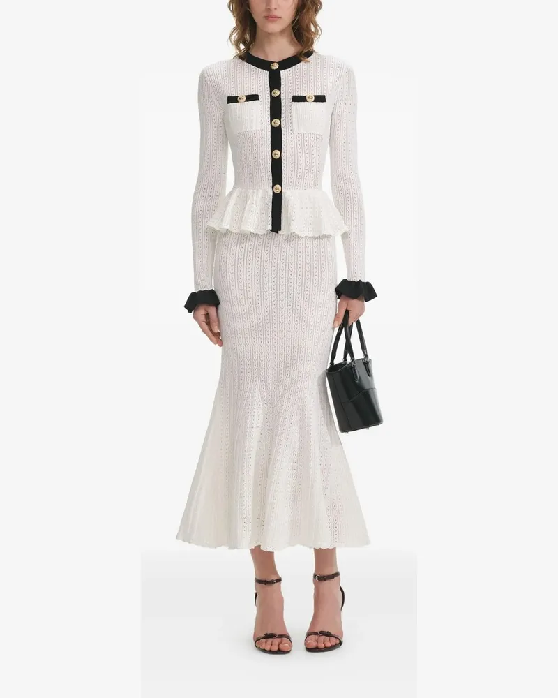 Self-Portrait White Pointelle Knit Contrast Midi Dress Weiß