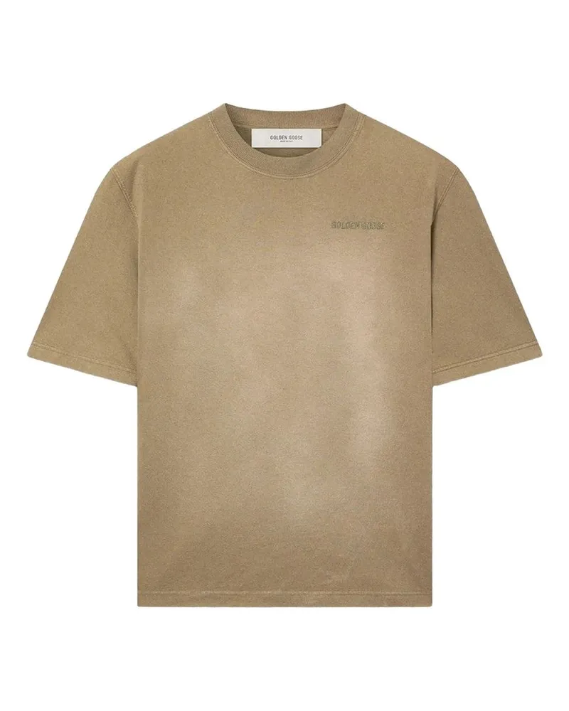 Golden Goose Journey Unisex T-shirt Dyed Gauze Cotton Jersey Bleaching Effect With Embroidery Beige