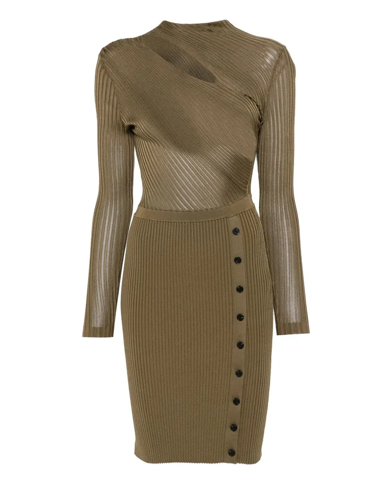 Self-Portrait Khaki Cut Out Rib Knit Mini Dress Grün