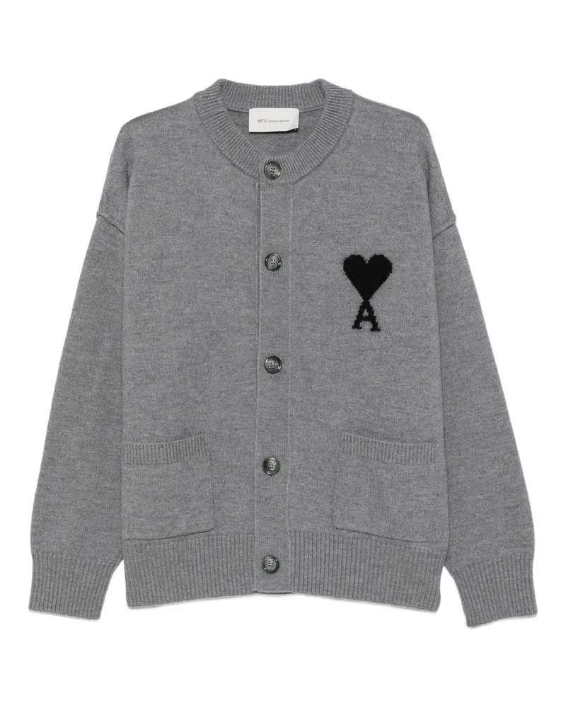 AMI Paris Crewneck Cardigan With Contrasted Ami de Coeur Grau
